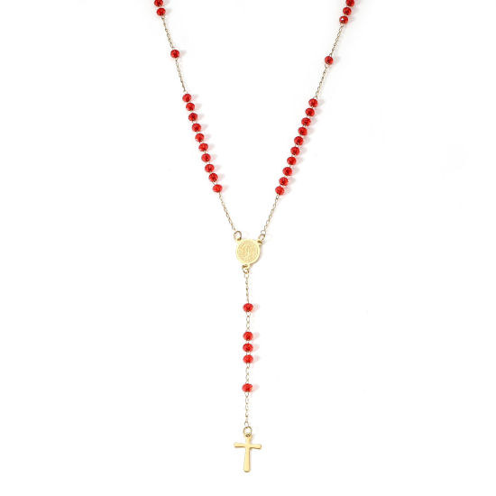 Imagen de 1 Unidad 304 Acero Inoxidable & Vidrio Religión Cadena de Eslabones Hechos a Mano Collar de Rosario de Cuentas de Oración Chapado en Oro Rojo Cruz Virgen María 54cm longitud