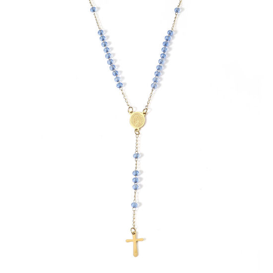 Imagen de 1 Unidad 304 Acero Inoxidable & Vidrio Religión Cadena de Eslabones Hechos a Mano Collar de Rosario de Cuentas de Oración Chapado en Oro Azul Cruz Virgen María 54cm longitud