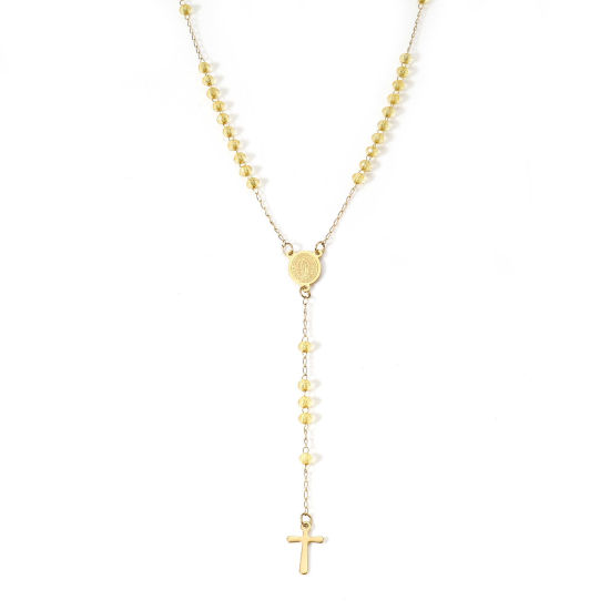 Imagen de 1 Unidad 304 Acero Inoxidable & Vidrio Religión Cadena de Eslabones Hechos a Mano Collar de Rosario de Cuentas de Oración Chapado en Oro Amarillo Cruz Virgen María 54cm longitud