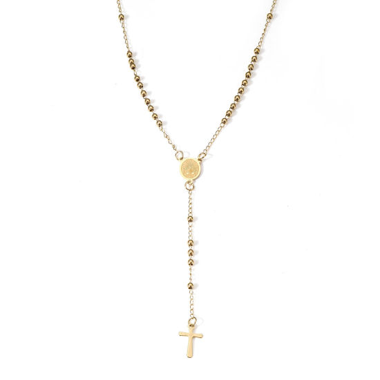 Imagen de 1 Unidad 304 Acero Inoxidable & Vidrio Religión Cadena de Eslabones Hechos a Mano Collar de Rosario de Cuentas de Oración Chapado en Oro Cruz Virgen María 54cm longitud
