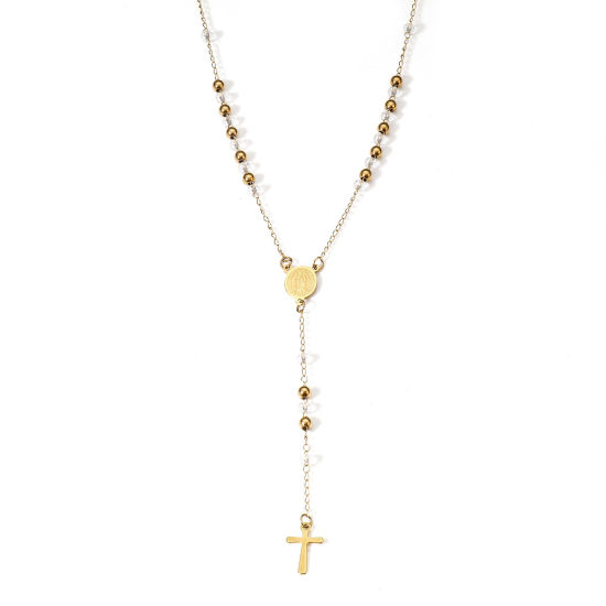 Imagen de 1 Unidad 304 Acero Inoxidable & Vidrio Religión Cadena de Eslabones Hechos a Mano Collar de Rosario de Cuentas de Oración Chapado en Oro Cruz Virgen María 54cm longitud