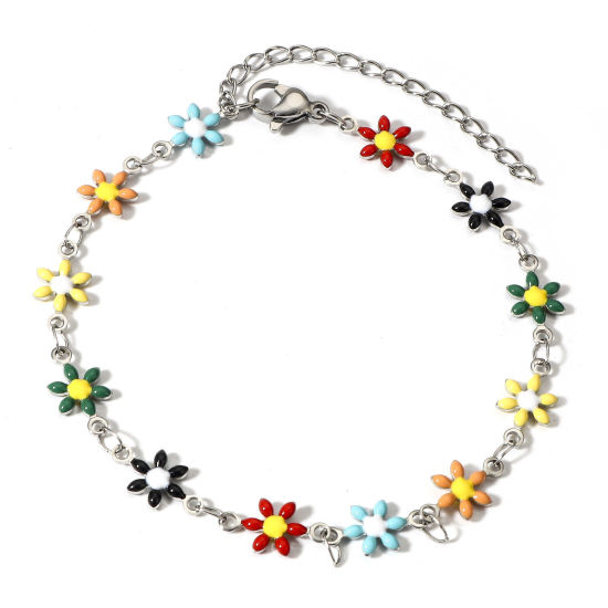 Immagine di 1 Pz 304 Acciaio Inossidabile Braccialetti Tono Argento Multicolore Fiore Margherita Smalto a Doppia Faccia 16cm Lunghezza