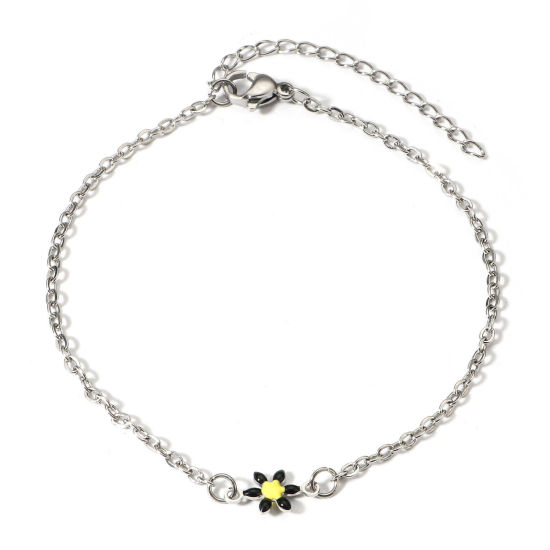 Picture of 1 Piece 304 Stainless Steel Link Cable Chain Bracelets Silver Tone Black Daisy Flower Double-sided Enamel 16cm(6 2/8") long
