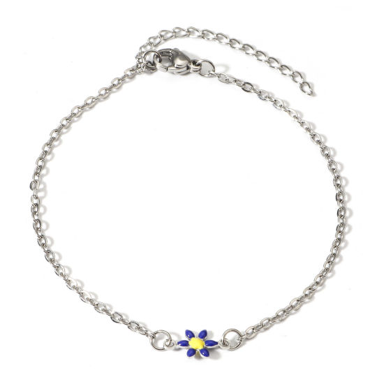 Picture of 1 Piece 304 Stainless Steel Link Cable Chain Bracelets Silver Tone Dark Blue Daisy Flower Double-sided Enamel 16cm(6 2/8") long