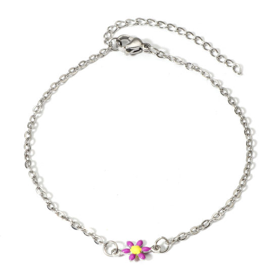 Picture of 1 Piece 304 Stainless Steel Link Cable Chain Bracelets Silver Tone Purple Daisy Flower Double-sided Enamel 16cm(6 2/8") long