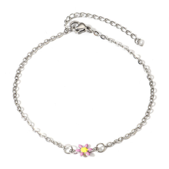 Picture of 1 Piece 304 Stainless Steel Link Cable Chain Bracelets Silver Tone Mauve Daisy Flower Double-sided Enamel 16cm(6 2/8") long