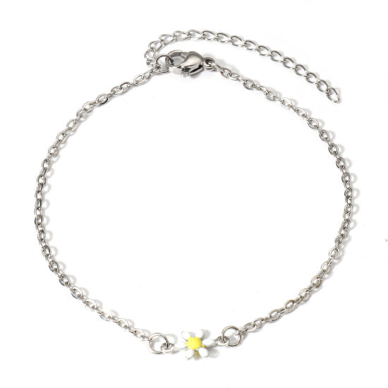 Picture of 1 Piece 304 Stainless Steel Link Cable Chain Bracelets Silver Tone White Daisy Flower Double-sided Enamel 16cm(6 2/8") long
