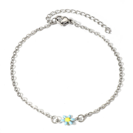 Picture of 1 Piece 304 Stainless Steel Link Cable Chain Bracelets Silver Tone Blue Daisy Flower Double-sided Enamel 16cm(6 2/8") long