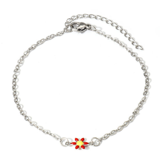 Picture of 1 Piece 304 Stainless Steel Link Cable Chain Bracelets Silver Tone Red Daisy Flower Double-sided Enamel 16cm(6 2/8") long