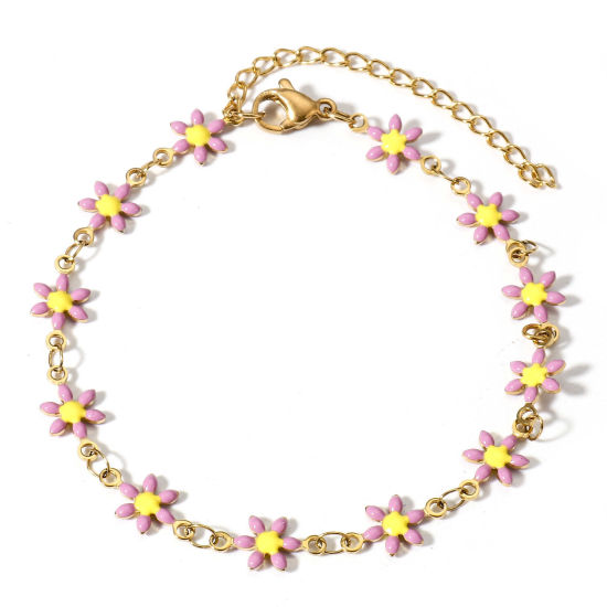 Imagen de 1 Unidad Recubrimiento al Vacío PVD Ecológico 304 Acero Inoxidable Pulseras Chapado en Oro Púrpura Claro Flor de la margarita Esmalte de Doble Cara 16cm longitud