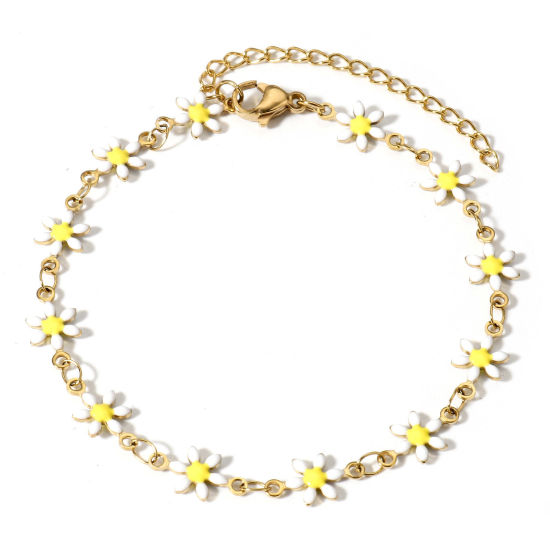 Imagen de 1 Unidad Recubrimiento al Vacío PVD Ecológico 304 Acero Inoxidable Pulseras Chapado en Oro Blanco Flor de la margarita Esmalte de Doble Cara 16cm longitud