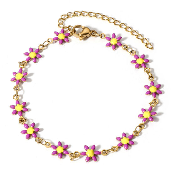 Imagen de 1 Unidad Recubrimiento al Vacío PVD Ecológico 304 Acero Inoxidable Pulseras Chapado en Oro Púrpura Flor de la margarita Esmalte de Doble Cara 16cm longitud