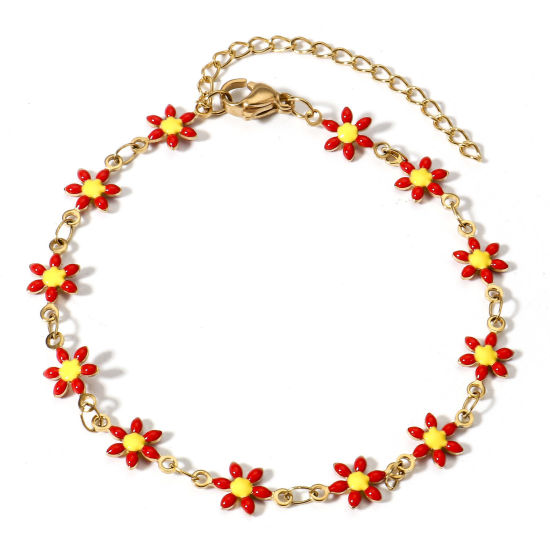 Imagen de 1 Unidad Recubrimiento al Vacío PVD Ecológico 304 Acero Inoxidable Pulseras Chapado en Oro Rojo Flor de la margarita Esmalte de Doble Cara 16cm longitud