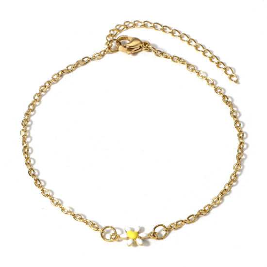Immagine di 1 Pz Placcatura Sottovuoto PVD Ecologica 304 Acciaio Inossidabile Braccialetti Oro Placcato Giallo Fiore Margherita Smalto a Doppia Faccia 16cm Lunghezza