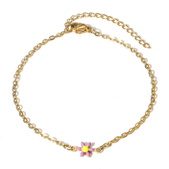 Immagine di 1 Pz Placcatura Sottovuoto PVD Ecologica 304 Acciaio Inossidabile Braccialetti Oro Placcato Viola Chiaro Fiore Margherita Smalto a Doppia Faccia 16cm Lunghezza