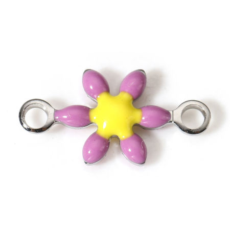 Picture of 10 PCs 304 Stainless Steel Connectors Charms Pendants Silver Tone Mauve Flower Double-sided Enamel 12.5mm x 6.5mm