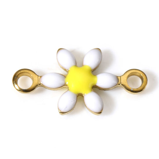 Immagine di 10 Pz Placcatura Sottovuoto PVD Ecologica 304 Acciaio Inossidabile Pendenti Charms Connettori Fiore Oro Placcato Bianco Smalto a Doppia Faccia 12.5mm x 6.5mm