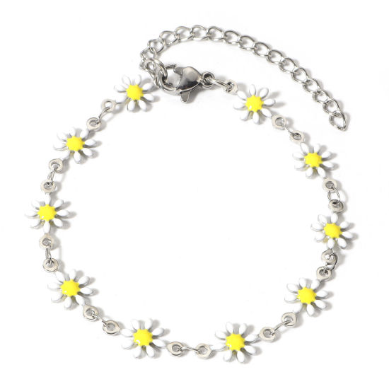 Picture of 1 Piece 304 Stainless Steel Bracelets Silver Tone White Daisy Flower Double-sided Enamel 16cm(6 2/8") long