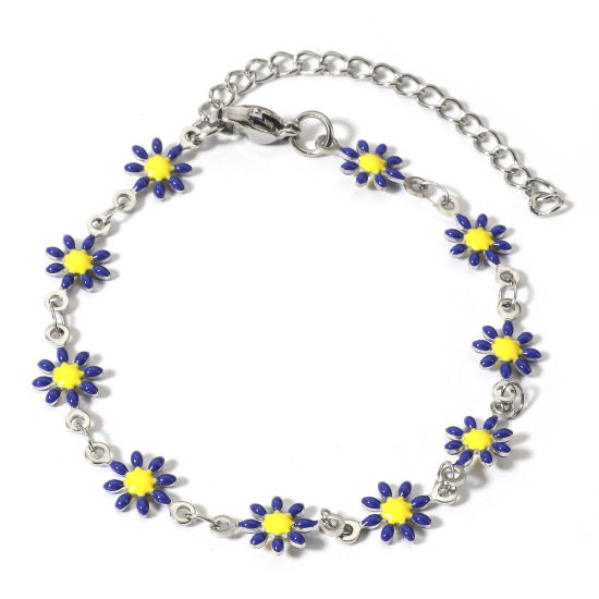 Picture of 1 Piece 304 Stainless Steel Bracelets Silver Tone Dark Blue Daisy Flower Double-sided Enamel 16cm(6 2/8") long