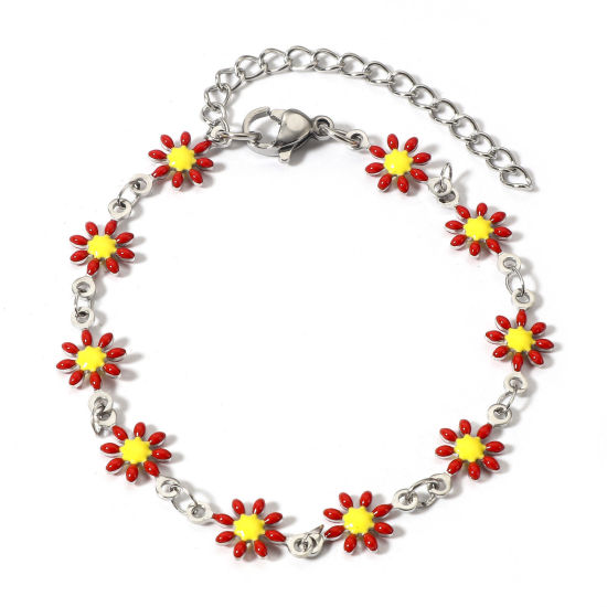 Picture of 1 Piece 304 Stainless Steel Bracelets Silver Tone Red Daisy Flower Double-sided Enamel 16cm(6 2/8") long