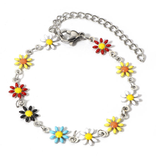 Picture of 1 Piece 304 Stainless Steel Bracelets Silver Tone Multicolor Daisy Flower Double-sided Enamel 16cm(6 2/8") long