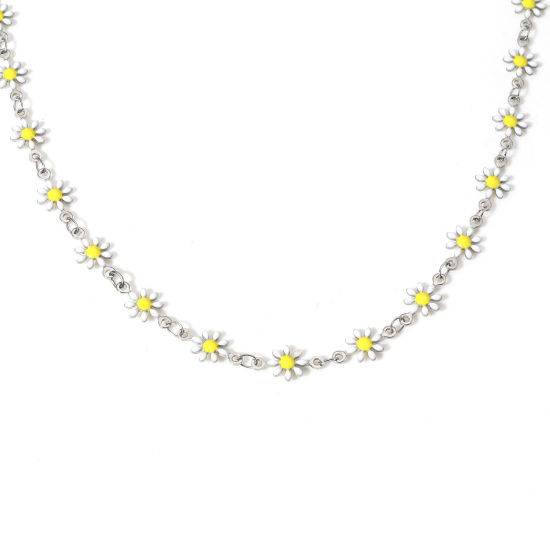 Immagine di 1 Pz 304 Acciaio Inossidabile Catena a Maglia Fatta a Mano Collana Tono Argento Bianco Fiore Margherita Smalto a Doppia Faccia 42cm Lunghezza