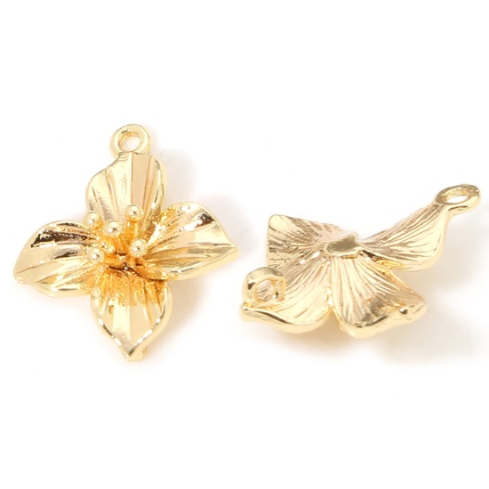 Immagine di 2 Pz Ottone Pendenti Charms Connettori Fiore 18K Vero Oro Placcato 3D 14mm x 12mm