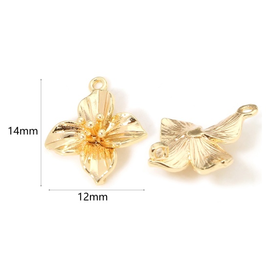 Immagine di 2 Pz Ottone Pendenti Charms Connettori Fiore 18K Vero Oro Placcato 3D 14mm x 12mm
