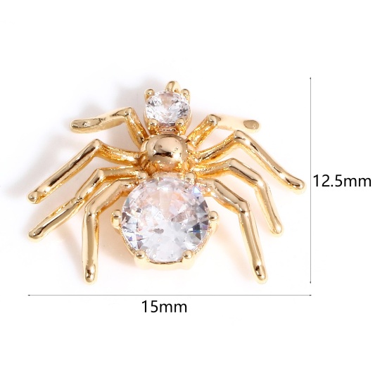 Picture of 2 PCs Brass Halloween Charms 18K Real Gold Plated Halloween Spider Animal 3D Clear Cubic Zirconia 15mm x 12.5mm