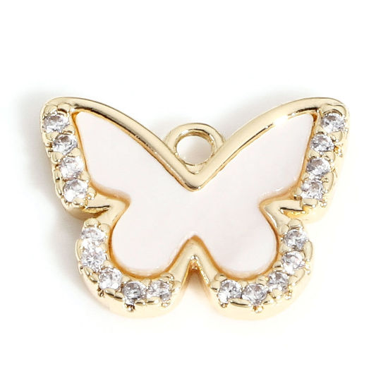 Picture of 1 Piece Natural Shell & Brass Charms 18K Real Gold Plated Butterfly Animal Micro Pave Clear Cubic Zirconia 13mm x 10mm