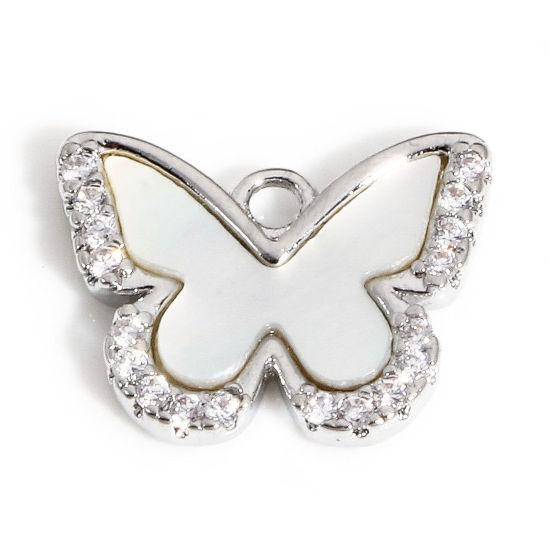 Picture of 1 Piece Natural Shell & Brass Charms Real Platinum Plated Butterfly Animal Micro Pave Clear Cubic Zirconia 13mm x 10mm