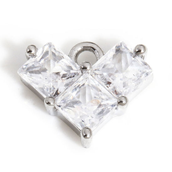 Picture of 1 Piece Shell & Brass Valentine's Day Charms Real Platinum Plated Heart Clear Cubic Zirconia 8.5mm x 7mm