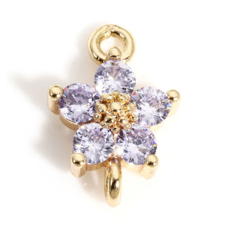 Image de 2 Pcs Connecteurs Pendentifs Breloques en Laiton Fleur Plaqué Or Véritable 18K à Zircone Cubique Mauve 12mm x 8mm