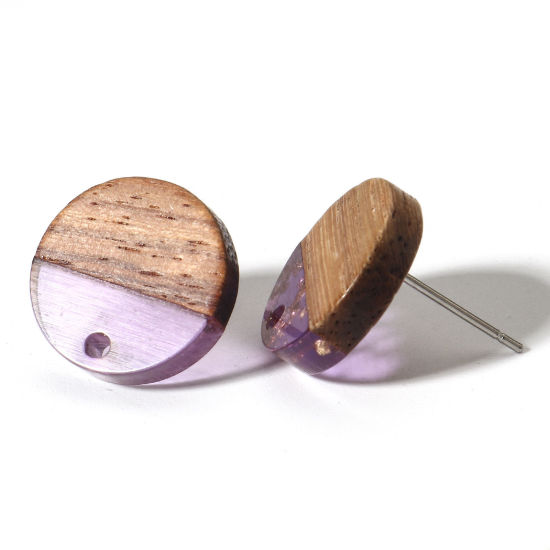 Imagen de 10 Unidades Resina de Efecto Madera Pendientes Ronda Púrpura Con Lazo 14mm Dia, Post/ Wire: (21 gauge)