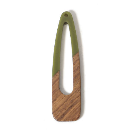 Picture of 2 PCs Natural Wood Effect Resin Pendants Olive Green Drop 6.7cm x 1.7cm
