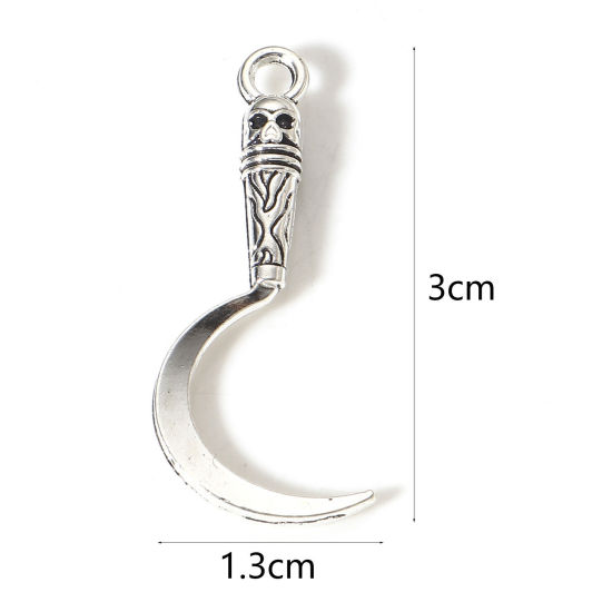 Imagen de 50 Unidades Halloween Colgantes Plata Antigua Hoz Cráneo 3D 3cm x 1.3cm