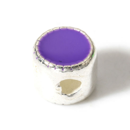 Image de 1 Pièce Perles pour DIY Fabrication de Bijoux de Charme d'Entretoise en Argent Pur Plat-Rond Argent Violet Émail Double Face 5mm Dia., Trou: Env. 1.2mm