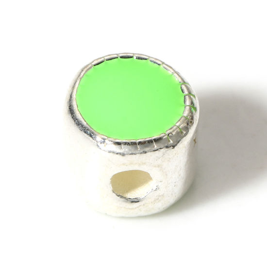 Picture of 1 Piece Sterling Silver Spacer Beads For DIY Jewelry Making Flat Round Silver Color Green Double-sided Enamel About 5mm Dia., Hole:Approx 1.2mm