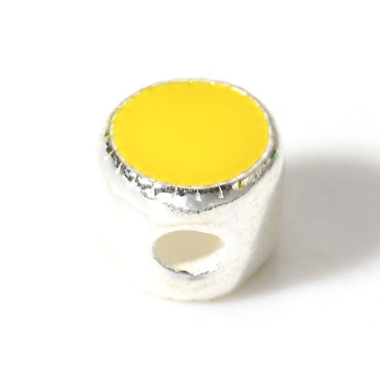 Picture of 1 Piece Sterling Silver Spacer Beads For DIY Jewelry Making Flat Round Silver Color Yellow Double-sided Enamel About 5mm Dia., Hole:Approx 1.2mm