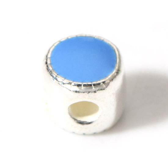 Image de 1 Pièce Perles pour DIY Fabrication de Bijoux de Charme d'Entretoise en Argent Pur Plat-Rond Argent Bleu Émail Double Face 5mm Dia., Trou: Env. 1.2mm
