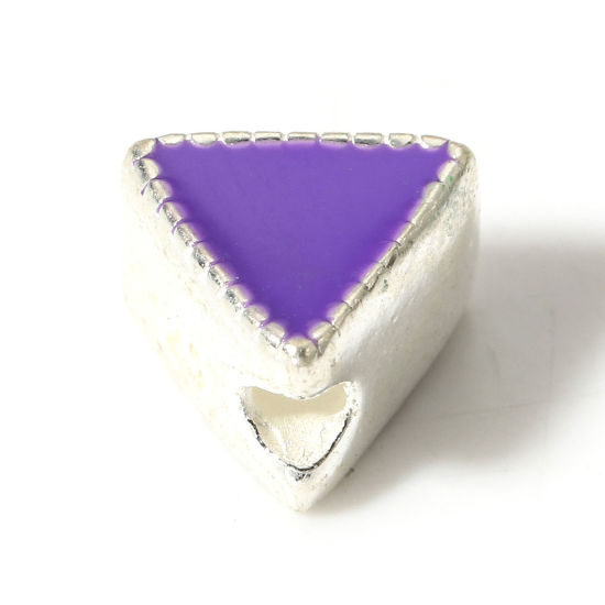 Picture of 1 Piece Sterling Silver Spacer Beads For DIY Jewelry Making Triangle Silver Color Purple Double-sided Enamel About 6mm x 6mm-5mm x 8mm Dia., Hole:Approx 1.2mm