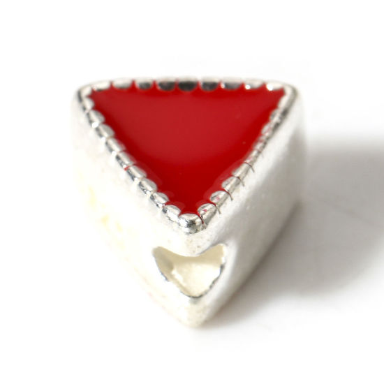 Picture of 1 Piece Sterling Silver Spacer Beads For DIY Jewelry Making Triangle Silver Color Red Double-sided Enamel About 6mm x 6mm-5mm x 8mm Dia., Hole:Approx 1.2mm