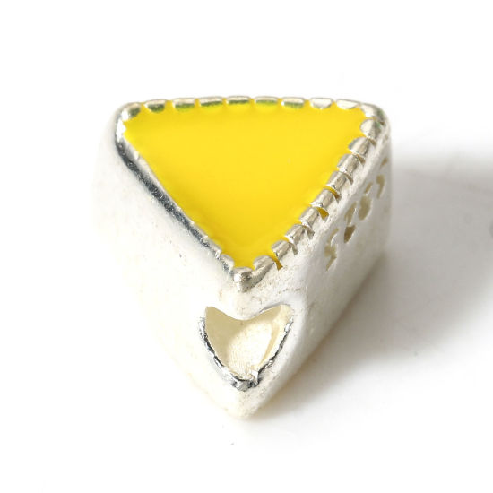 Picture of 1 Piece Sterling Silver Spacer Beads For DIY Jewelry Making Triangle Silver Color Yellow Double-sided Enamel About 6mm x 6mm-5mm x 8mm Dia., Hole:Approx 1.2mm