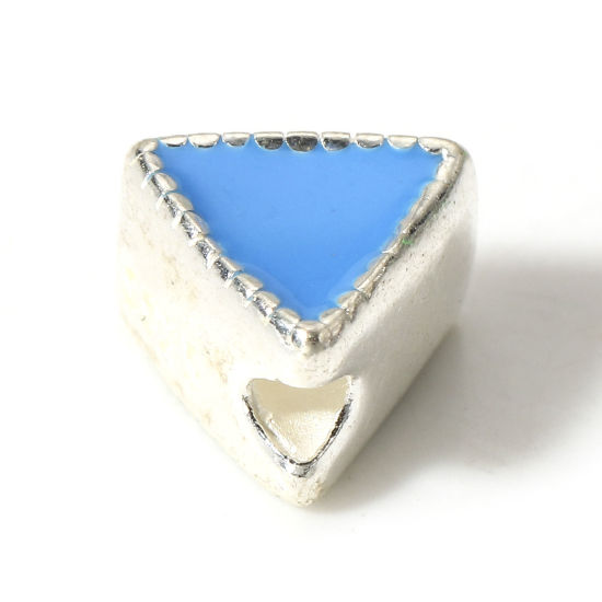 Image de 1 Pièce Perles pour DIY Fabrication de Bijoux de Charme d'Entretoise en Argent Pur Triangle Argent Bleu Émail Double Face 6mm x 6mm-5mm x 8mm Dia., Trou: Env. 1.2mm