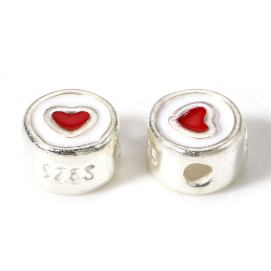 Picture of 1 Piece Sterling Silver Spacer Beads For DIY Charm Jewelry Making Round Silver Color Red Heart Double-sided Enamel About 5mm Dia., Hole:Approx 1.2mm