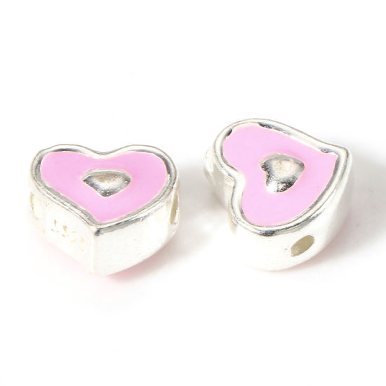 Picture of 1 Piece Sterling Silver Spacer Beads For DIY Charm Jewelry Making Heart Silver Color Pink Heart Double-sided Enamel 6mm x 5.5mm, Hole:Approx 0.8mm