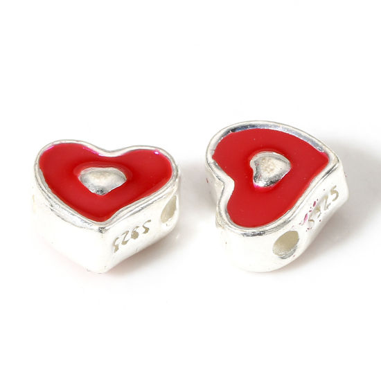 Picture of 1 Piece Sterling Silver Spacer Beads For DIY Charm Jewelry Making Heart Silver Color Red Double-sided Enamel 6mm x 5.5mm, Hole:Approx 0.8mm