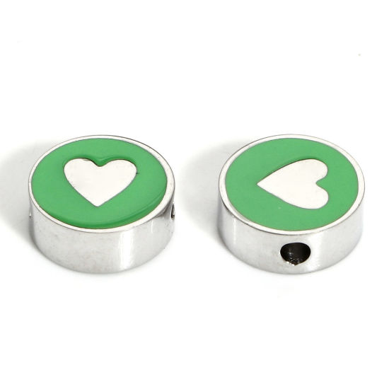 Picture of 1 Piece 304 Stainless Steel Stylish Beads For DIY Charm Jewelry Making Silver Tone Green Round Heart Enamel 10mm x 10mm