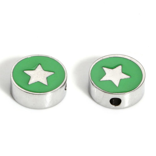 Picture of 1 Piece 304 Stainless Steel Stylish Beads For DIY Charm Jewelry Making Silver Tone Green Round Pentagram Star Enamel 10mm x 10mm