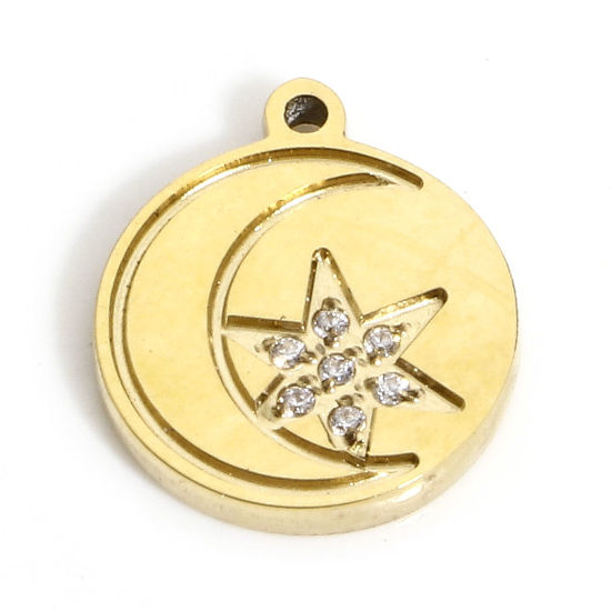 Изображение 1 ШТ вакуумное покрытие 316 Нержавеющая сталь Геометрический Подвески Круглые Позолоченный Луна Прозрачный Искусственный Циркон 11.5мм x 10мм